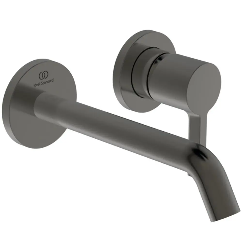 Wandarmatur von Ideal Standard mit runder Rosette und einem Auslauf. Die Armatur hat eine matte Oberfläche in einem dunklen Farbton.
